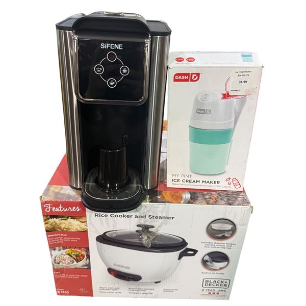 Group of 3 - Black+Decker Rice Cooker, Dash My Pint Ice Cream Make, Sifene Model KC101 Coffee Maker 