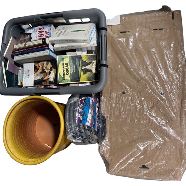 Mixed Misc Lot: Assorted Books, Planter Pot, and Electrical Conduit Roll, Stack of Long Folded Cardb
