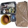 Image 1 : Mixed Misc Lot: Assorted Books, Planter Pot, and Electrical Conduit Roll, Stack of Long Folded Cardb