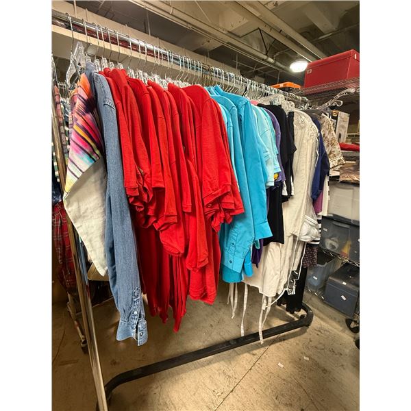 Full Rack of Apparel: Denim, Red Polos, Mixed Tops, and More (Rack Not Included)