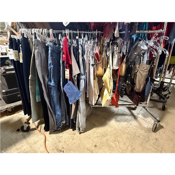 Full Rack of Mixed Apparel, Jeans, and Handbags (Rack Not Included)