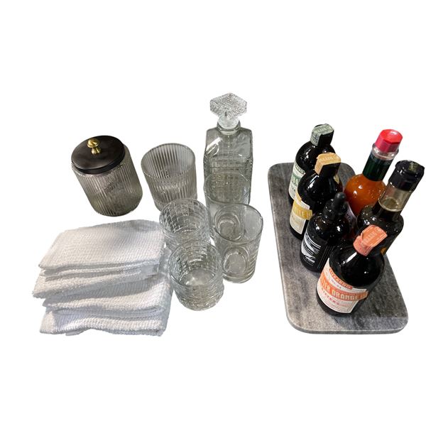 Glass Decanter, Rocks Glasses, Luxardo Bitter Bottles, Marble Tray, and More