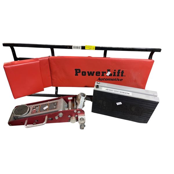 Big Red 1.5-Ton Jack, Drag Specialties Motorcycle Scissor Jack, Powerlift Creeper (without wheels)