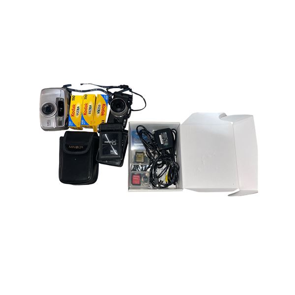 2 Pentax Cameras, Digital Camcorder, Group of Memory Cards & Kodak 110 Film