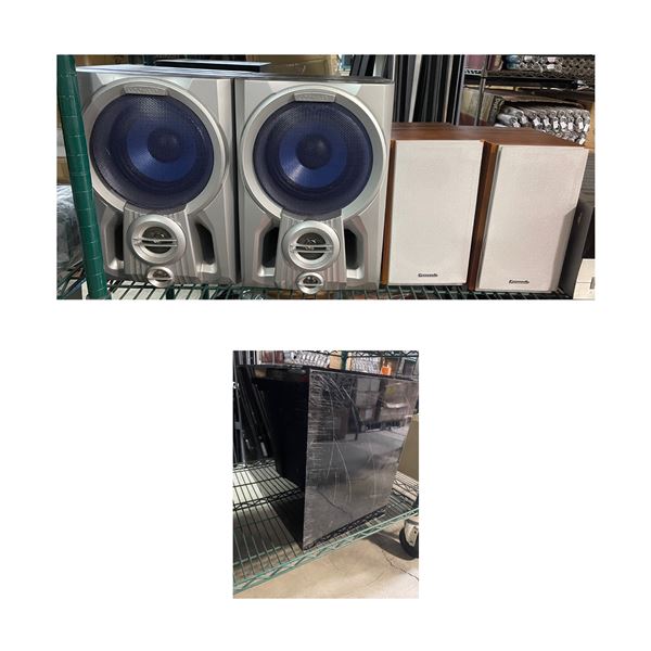 Group of 7 Mixed Audio Speaker: Nuance Subwoofer, Kenwood & Panasonic Speakers - As Is