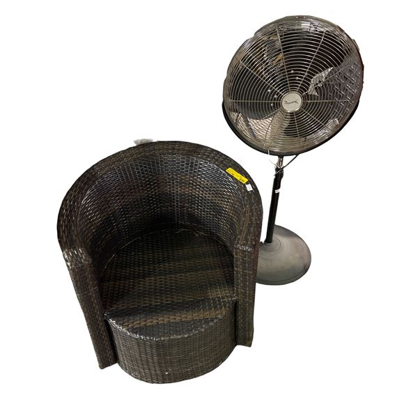 Dark Brown Rattan Curved Outdoor Chair and A.C. Electric Fan - As Is
