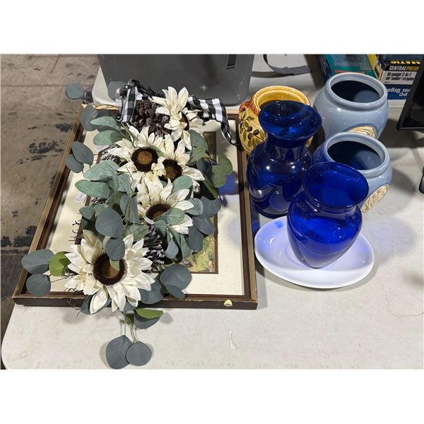 Floral Decor, Cobalt Vases, Pottery & Framed Art
