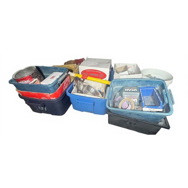 Group of Assorted Bins of Tools - Includes Nails, Screws, Duct Tape etc