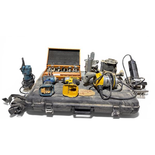 Group of Assorted Tools - Includes Hole saw, Porter Cable Door Hinge, Milwaukee Plunge Router Bases,
