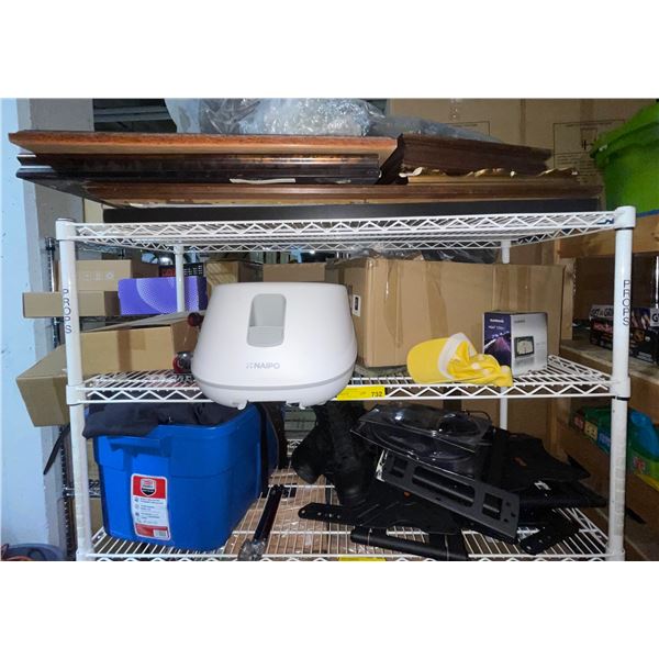 Group of 3 Shelves of Assorted Items - Includes Naipo Foot spa, Garmin GPS Navigator, Painting, Clot
