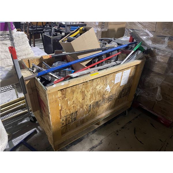 Group of Assorted Industrial Cleaning Items, Wooden Crate on wheels and more