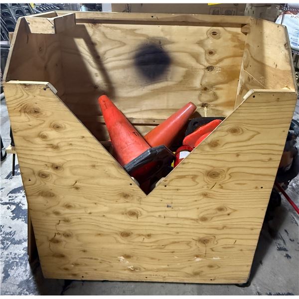 Large Wooden Crate on Wheels With Contents - Includes Traffic Cones,  Fire Extinguisher, etc