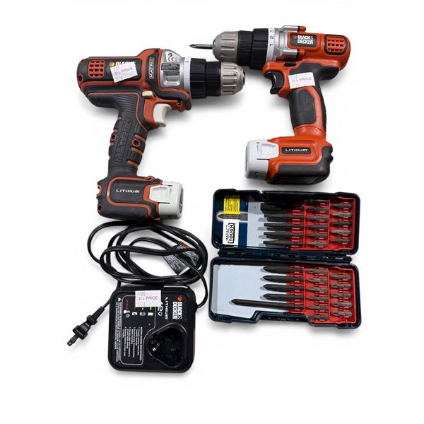 Group of 2 Cordless Drills, Bosch Impact Driver Bit Set & Charger