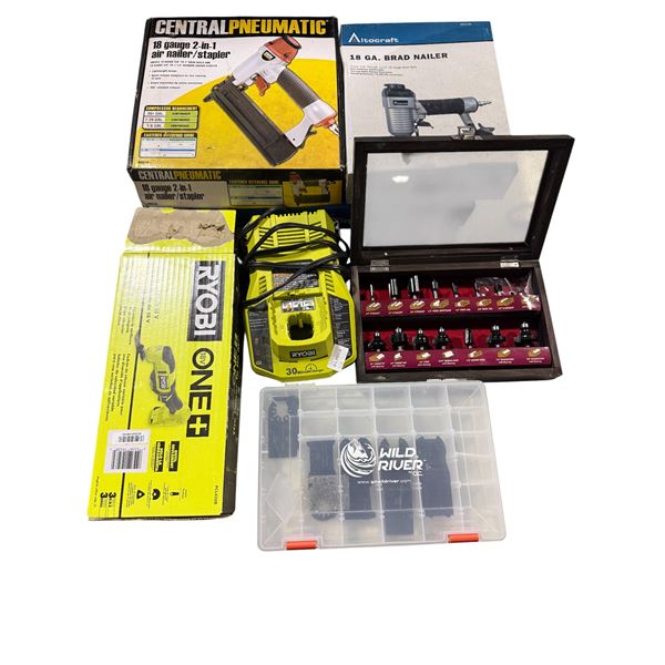 Group of Various Tools - Includes Ryobi Charger, Nailers, Socket Drawer etc