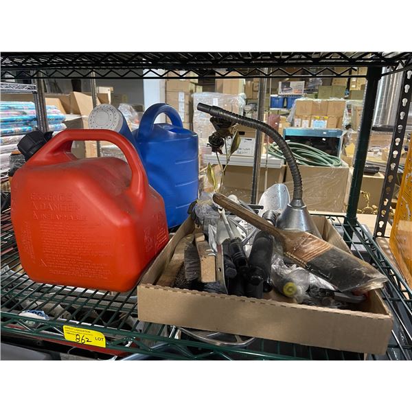 Angle Grinder, Gas Cans, and Box of Assorted Hand Tools