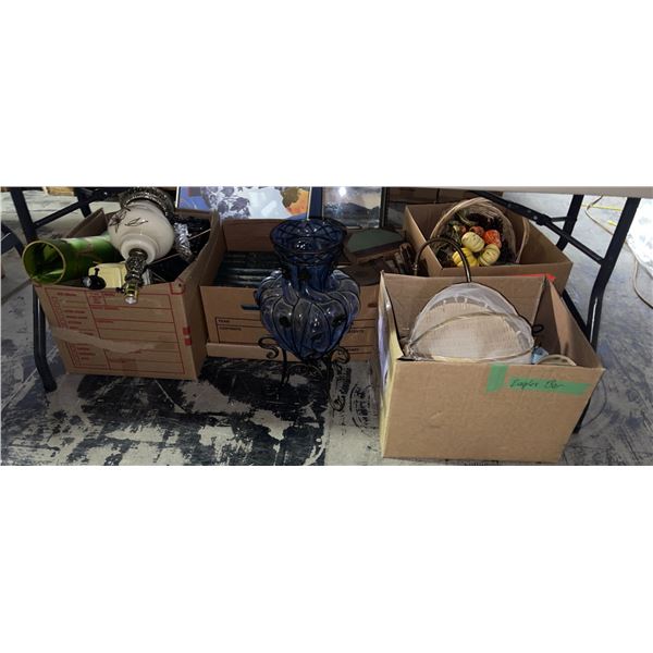 Group of Misc Set Dec - Books, Faux Fruit, Blue Swirl Glass Vase, and More