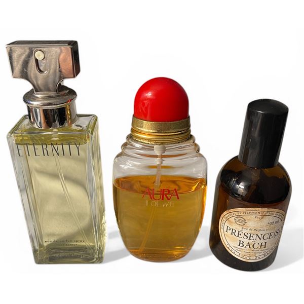Group of 3 Perfumes - Includes Loewe AURA, Calvin Klein ETERNITY, Presence(s) de Bach Les Fleurs De