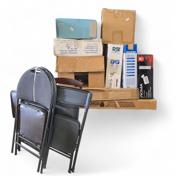 Misc Lot includes folding Chairs/Heaters/Wood Table in Box & More