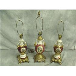 Set of 3 French Regency Style Porcelain Lamps