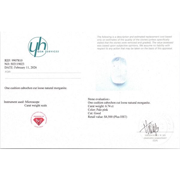 $4,500 Appraisal - 6.74 ct Cert. Pink Morganite gemstone