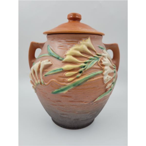 Roseville Pottery Freesia Lidded Jar w/ Handles