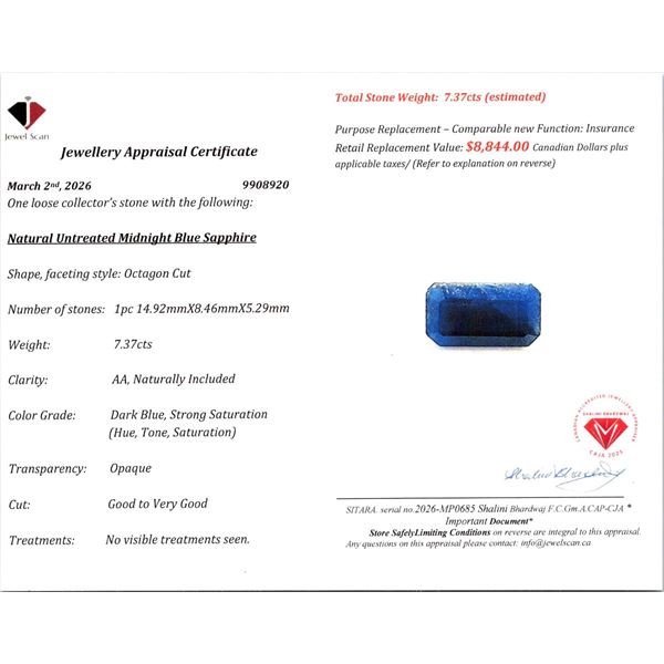 $8,844 Appraisal - 7.37 ct Cert. Midnight Blue Sapphire gemstone