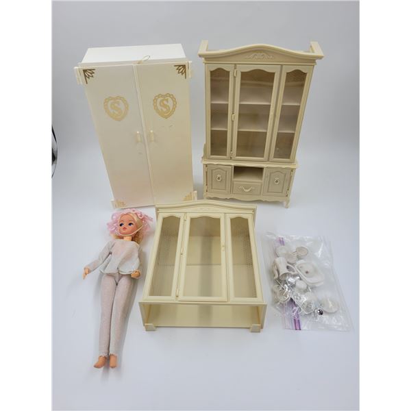 Doll Lot w/ Dollhouse Furniture & Assorted Doll Clothing