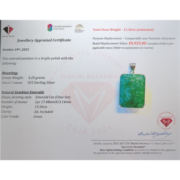 $9,935 Appraisal - 4.2 ct Cert. Silver Emerald gemstone Pendant