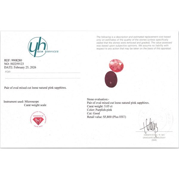 $5,800 Appraisal - 5.05 ct Cert. Pink Sapphire gemstone Pair