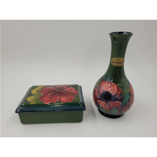 2 Pieces of Moorcroft Pottery Made in England (Vase & Trinket Box)