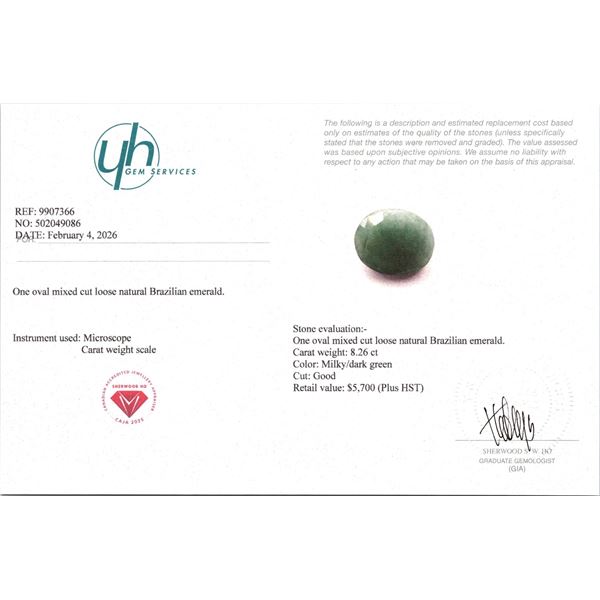 $5,700 Appraisal - 8.26 ct Cert. Brazillian Emerald gemstone