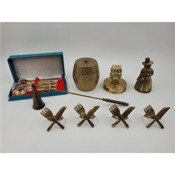 Brass Lot w/ Napkin Holders, Candle Snuffer, Spoons, & More