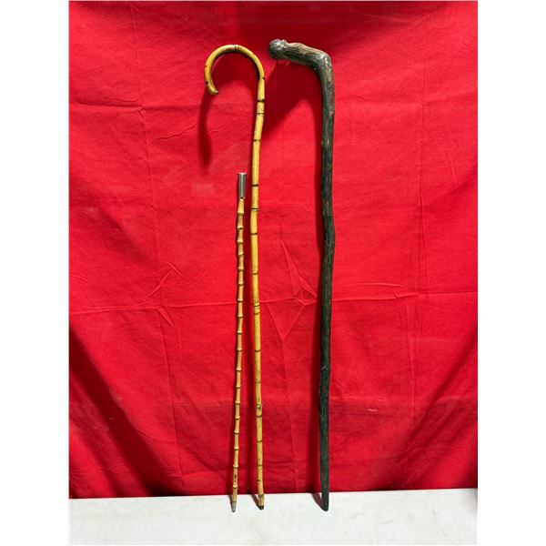 2 Cane Walking Sticks & Hand-Carved Wooden Walking Stick
