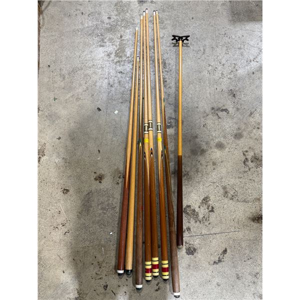Lot of Assorted Pool Cues & Bridge/Rake