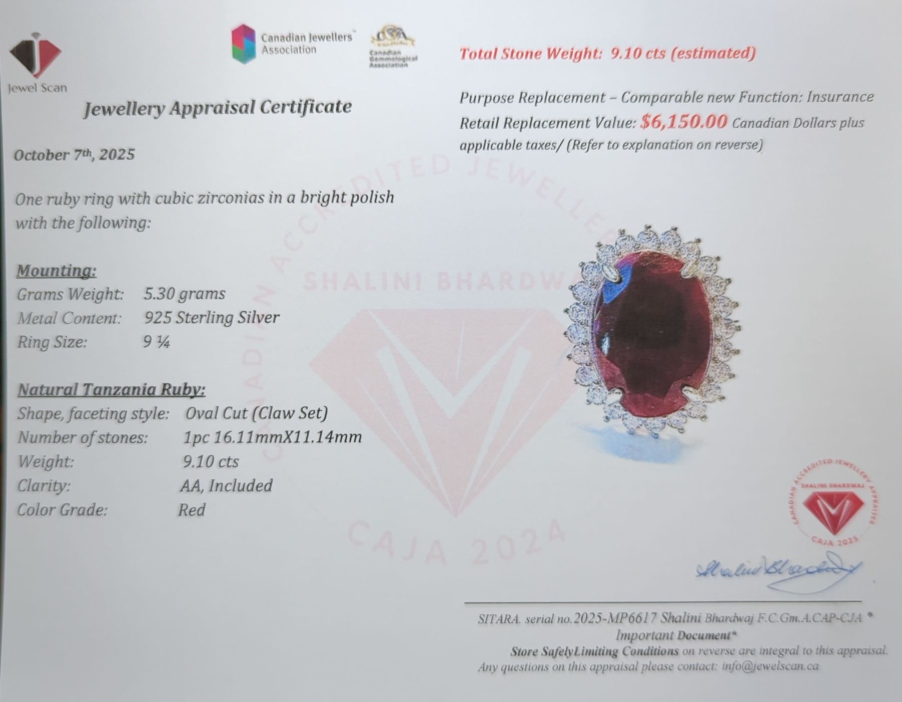 $6,150 Appraisal - 5.3 ct Cert. Silver Ruby gemstone Ring