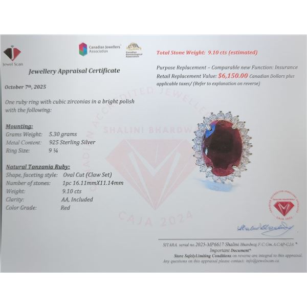$6,150 Appraisal - 5.3 ct Cert. Silver Ruby gemstone Ring