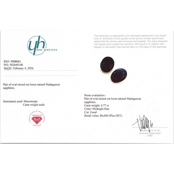 $6,600 Appraisal - 4.77 ct Cert. Blue Sapphire gemstone Pair
