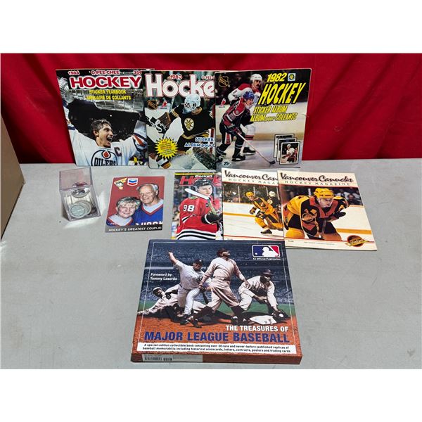 Lot of Hockey Magazines, Sticker Books, Sports Discs, & Treasures of Major League Baseball Book