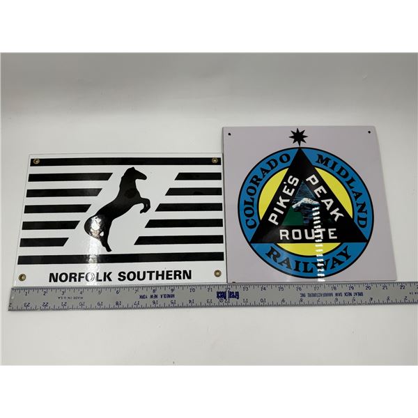 Porcelain Norfolk Southern & Pikes Peak Route Advertising Signs