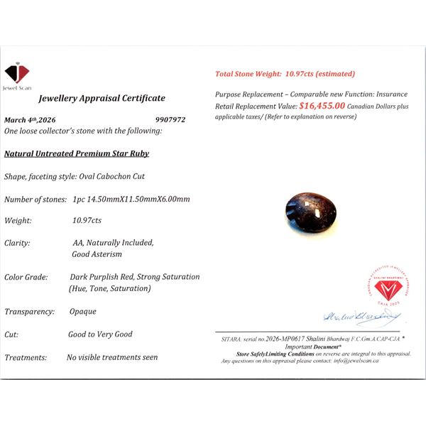 $16,455 Appraisal - 10.97 ct Cert. Star Ruby gemstone Untreated