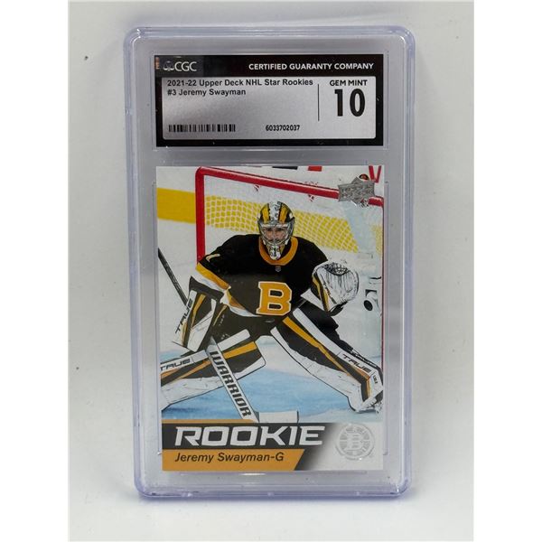CGC Graded 10 Gem Mint 2021-22 Upper Deck NHL Star Rookies #3 Jeremy Swayman Hockey Card