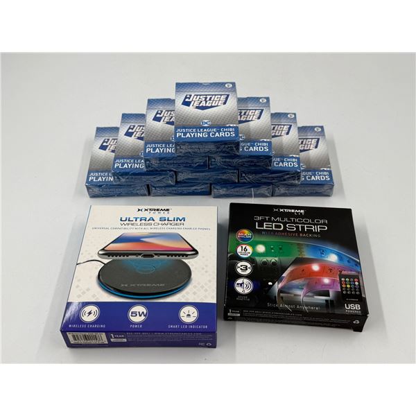 Variety Lot w/ Ultra Slim Wireless Charger, Justice League Playing Cards, & LED Strip