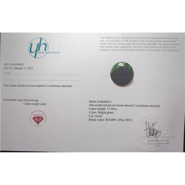 $16,800 Appraisal - 13.5 ct Cert. Colombian Emerald gemstone
