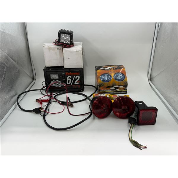 Automobile Lot w/ Halogen Lights, Battery Charger, Spark Plugs, & More