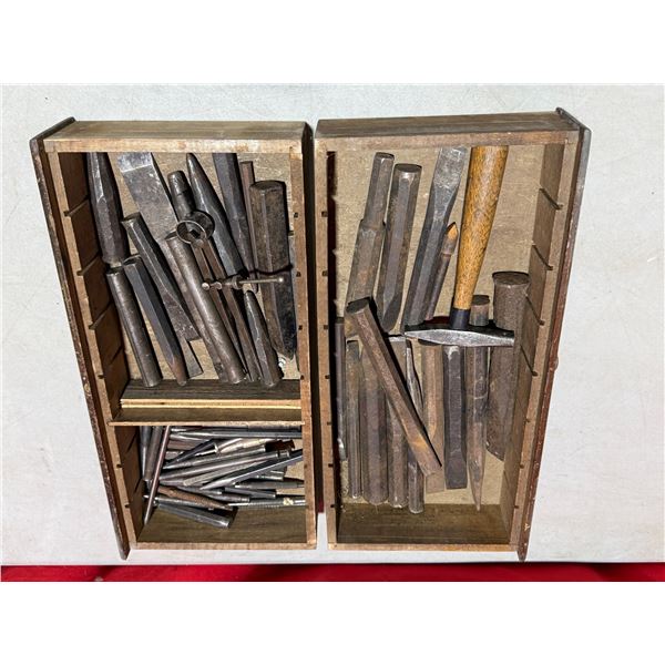 Lot Of VTG Metal Punches & Tool Bits In Wooden Case