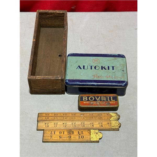VTG AUTOKIT Tin, Bovril Tin & Folding Wooden Ruler
