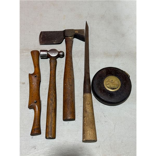 Lot Of VTG Hammers, Hatchet & Tools w/ Tape Measure