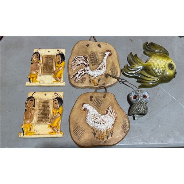 Lot Of VTG Wall Decor (Chalkware, Metal Fish, Owl)