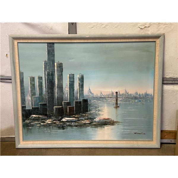 VTG Framed Cityscape Oil Painting (Mid-Century Modern Style)