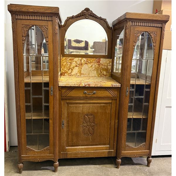 VTG Oak China Cabinet / Sideboard with Leaded Glass & Marble Top